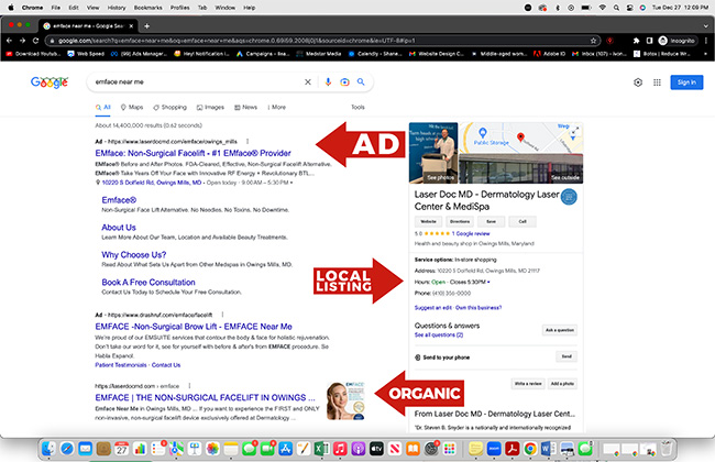 Screenshot showing how our client is the top search result on Google for SEO