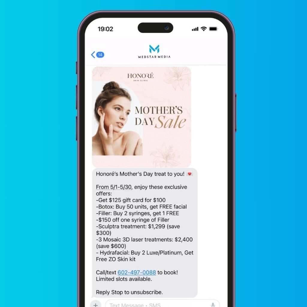 A photo of a SMS marketing message for a Mother's Day Sale.