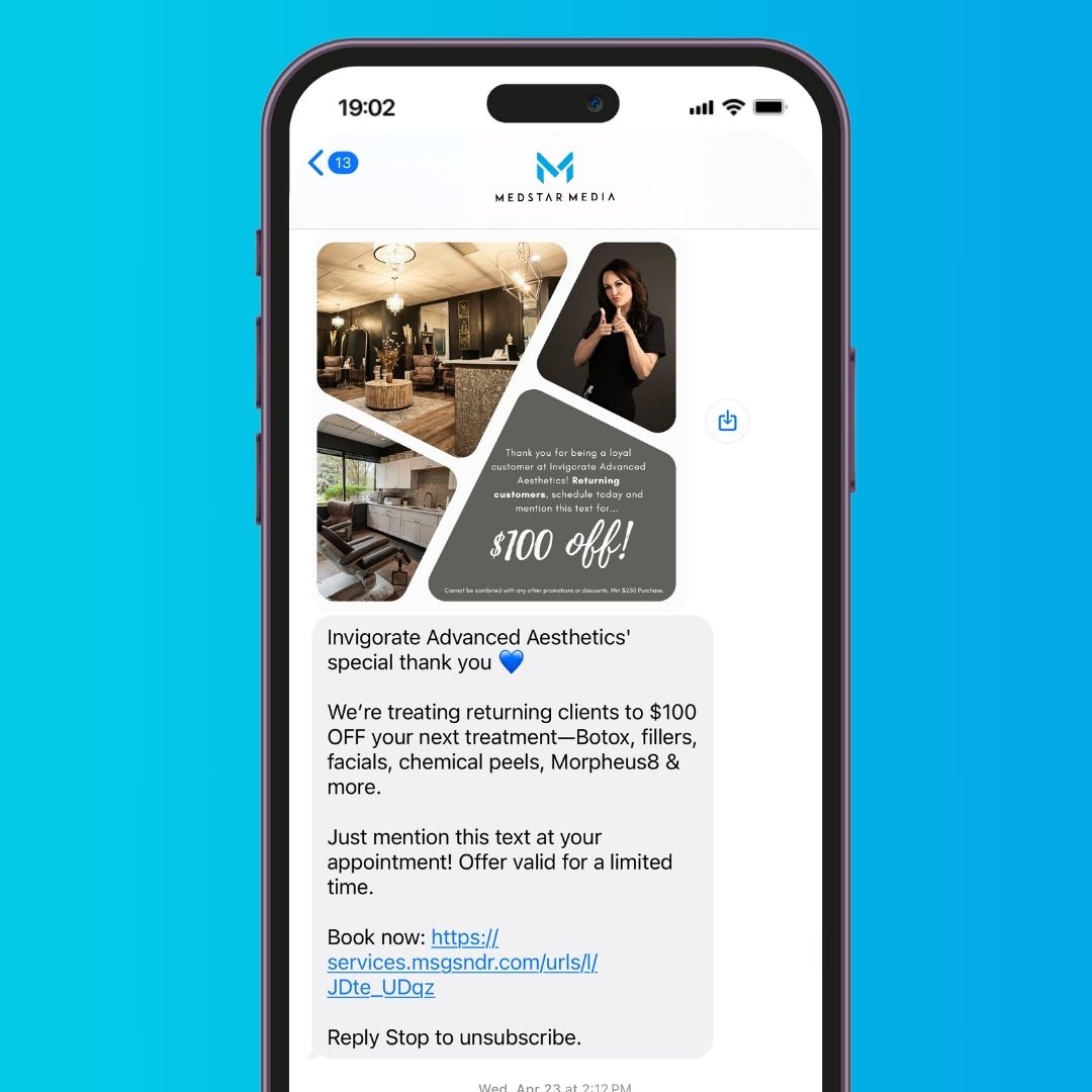 A photo of an SMS marketing message of a Medspa promotion.