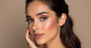 a close-up portrait of a woman with flawless, glowing skin and well-defined facial features.