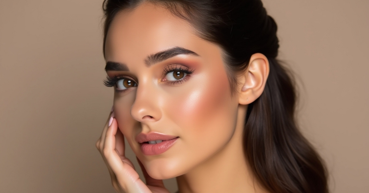 a close-up portrait of a woman with flawless, glowing skin and well-defined facial features.