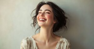 A young woman with dark, loosely styled hair smiles broadly with her eyes closed, head tilted slightly back, wearing a light, delicate blouse against a soft, neutral background.