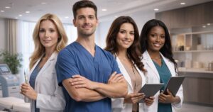 Medical spa team of clinicians and practitioners in modern aesthetic clinic representing medspa practice and patient services.