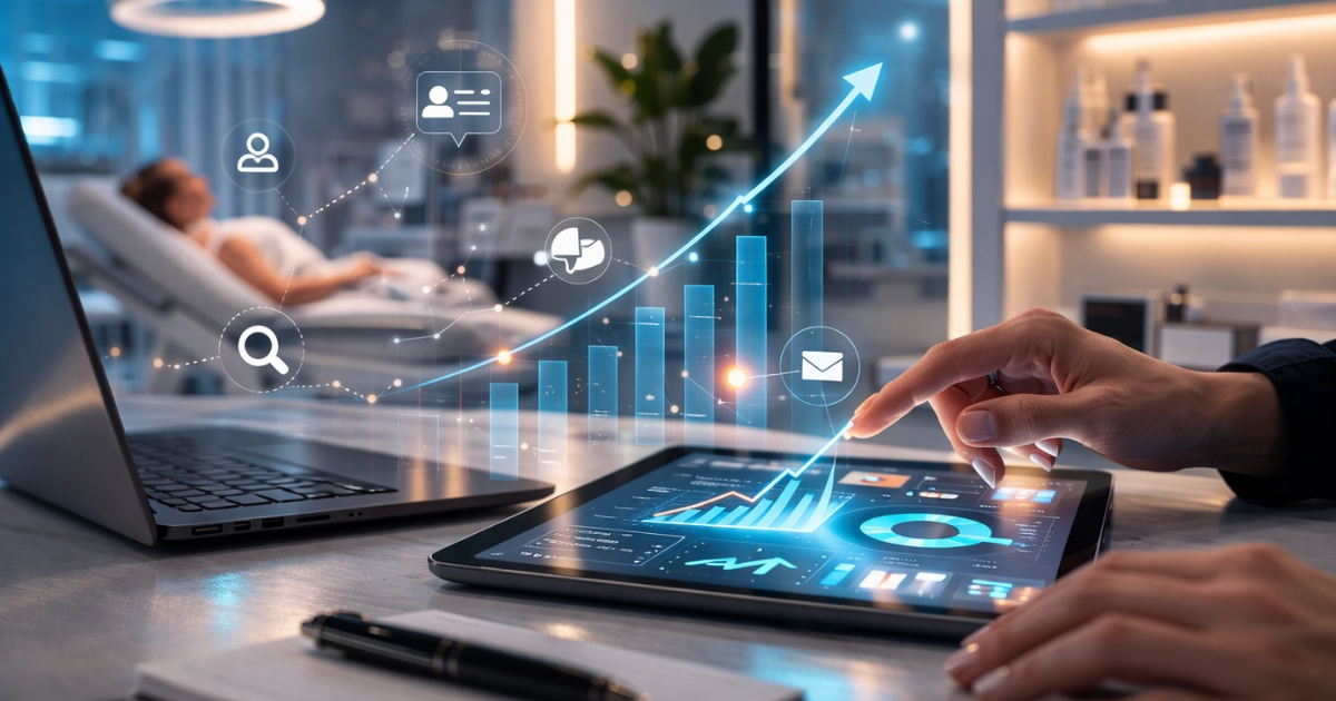 Medspa marketing analytics dashboard on tablet showing growth charts and AI automation icons with patient receiving treatment in modern aesthetic clinic.