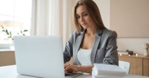 Woman working on a laptop in a bright, modern office.